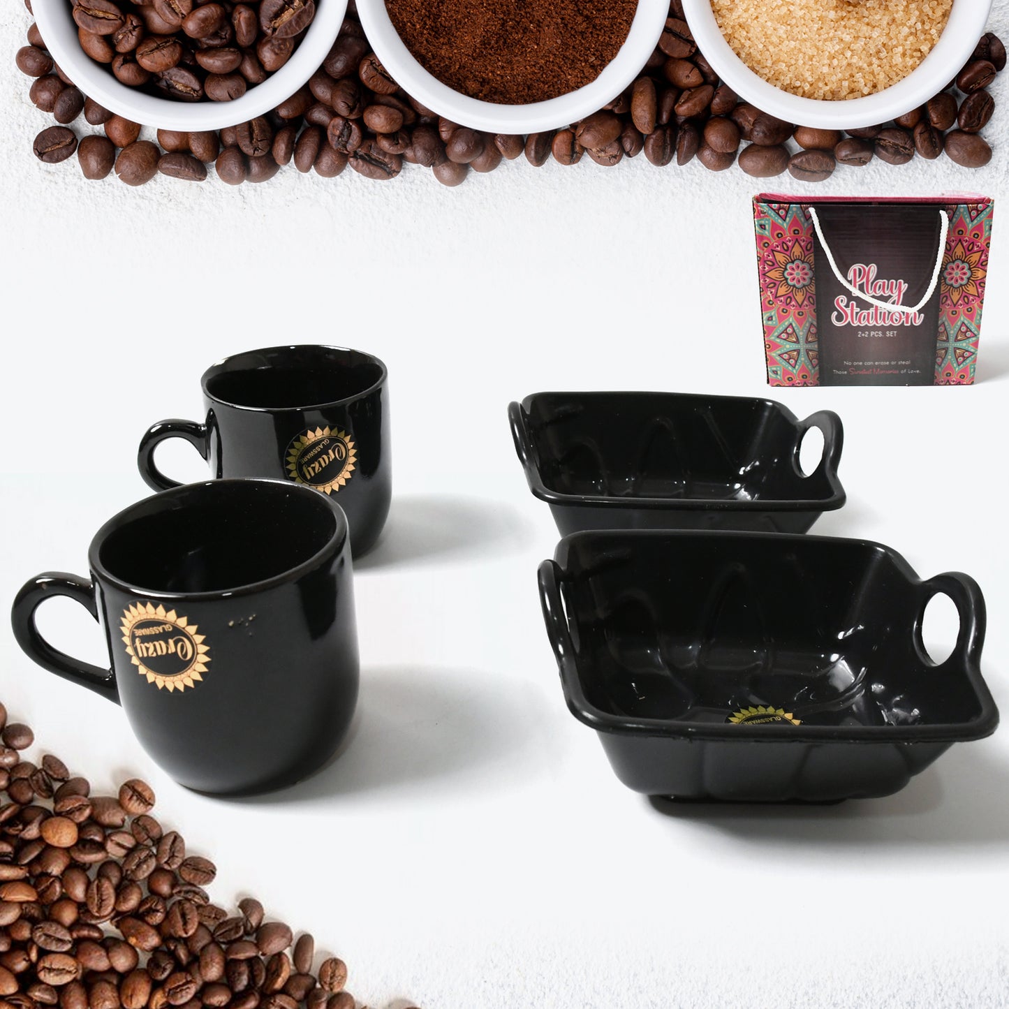 Play Station Ceramic Cups, Mug Set With Handle Serving Bowl Milk