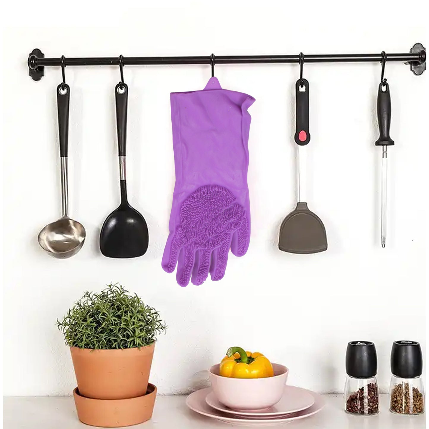 Dishwashing Gloves With Scrubber Silicone Cleaning Reusable Scrub Gloves For Wash Dish Kitchen Bathroom Pet Grooming Wet And Dry Glove