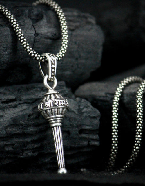 Silver Plated Lord Hanuman Gada Shri Ram word in Hindi Pendant Locket Men - myonlineshope.in