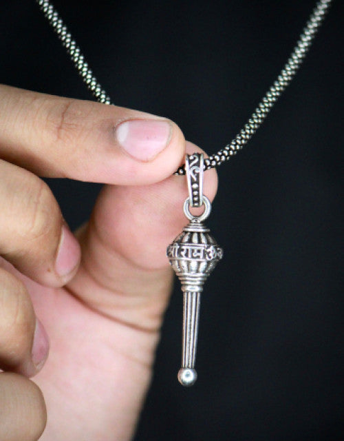 Silver Plated Lord Hanuman Gada Shri Ram word in Hindi Pendant Locket Men - myonlineshope.in