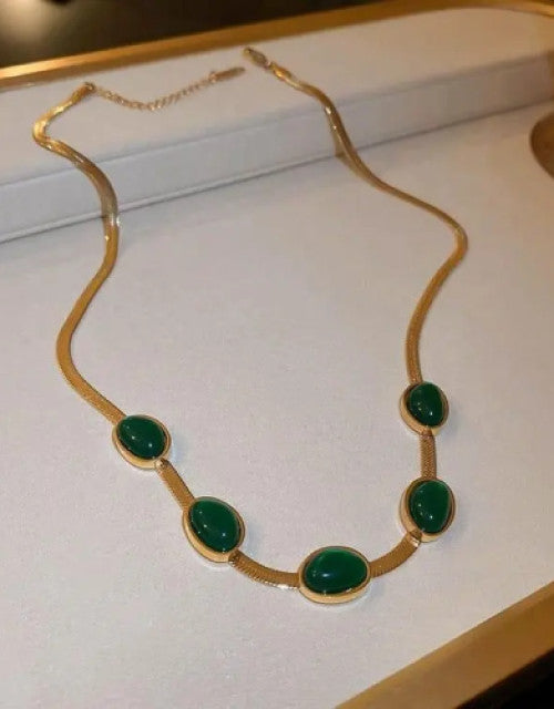 Women's Necklace Stainless Steel Oval Green Crystal Pendant Necklace - myonlineshope.in